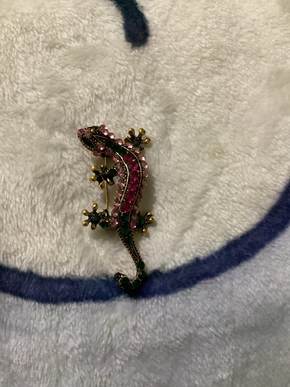 Gold-tone Gecko Brooch with Pink and Green Crystals